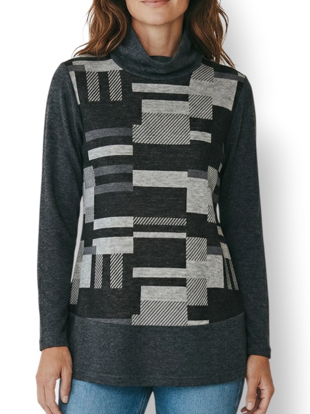 4/$20 Japanese Geo Turtleneck Top Tencel Wool Knit Gray Black Long Sleeve M